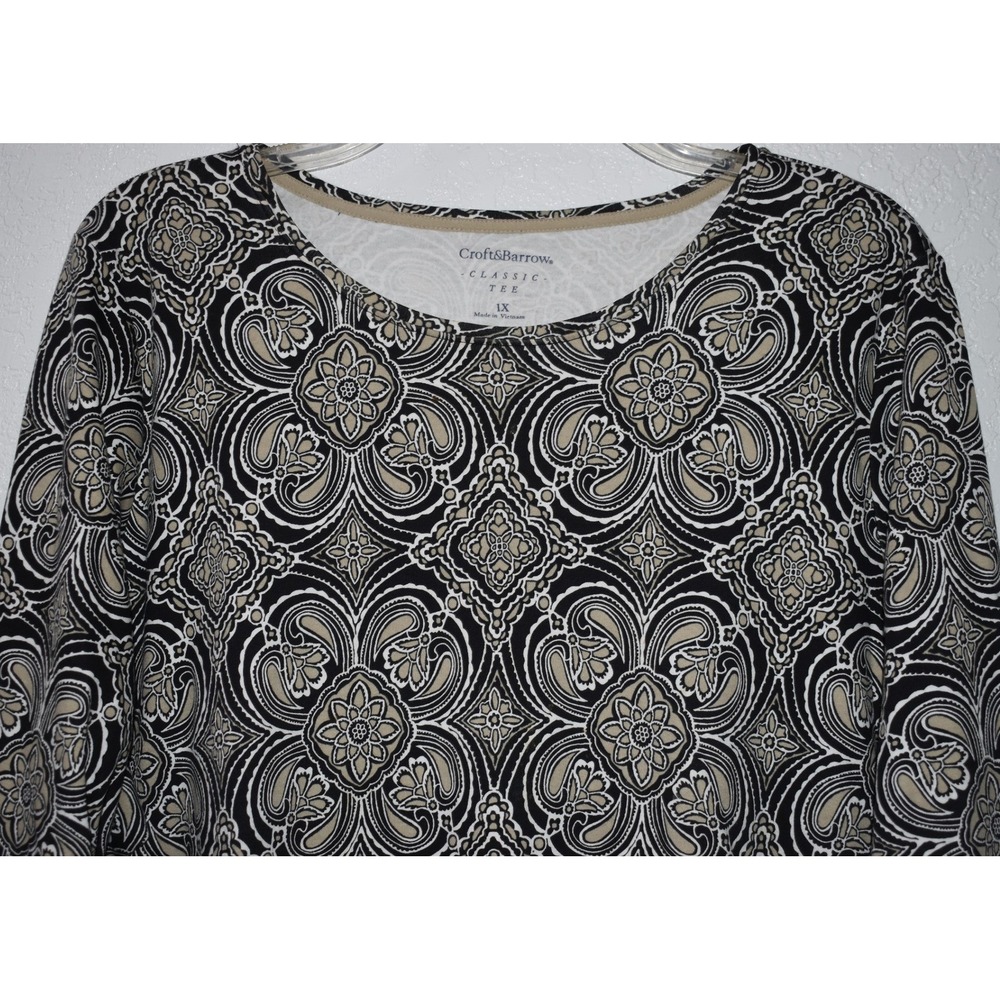 Croft & Barrow 1X Classic Tee Long Sleeve Black Tan Paisley Medallion Top Cotton